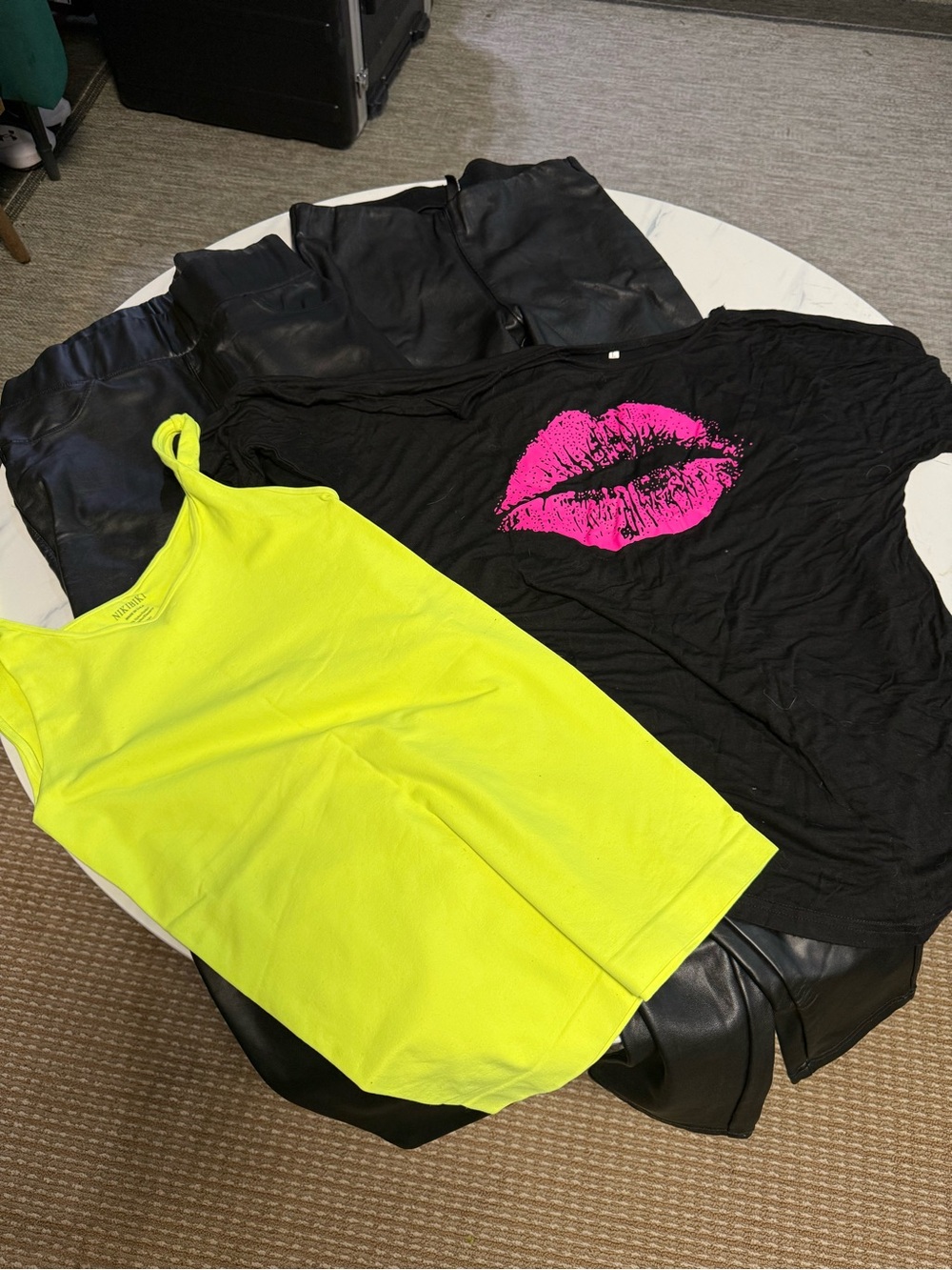 80’s Costume Tank + Black Off Shoulder T & TWO Pair Black Faux Leather Leggings